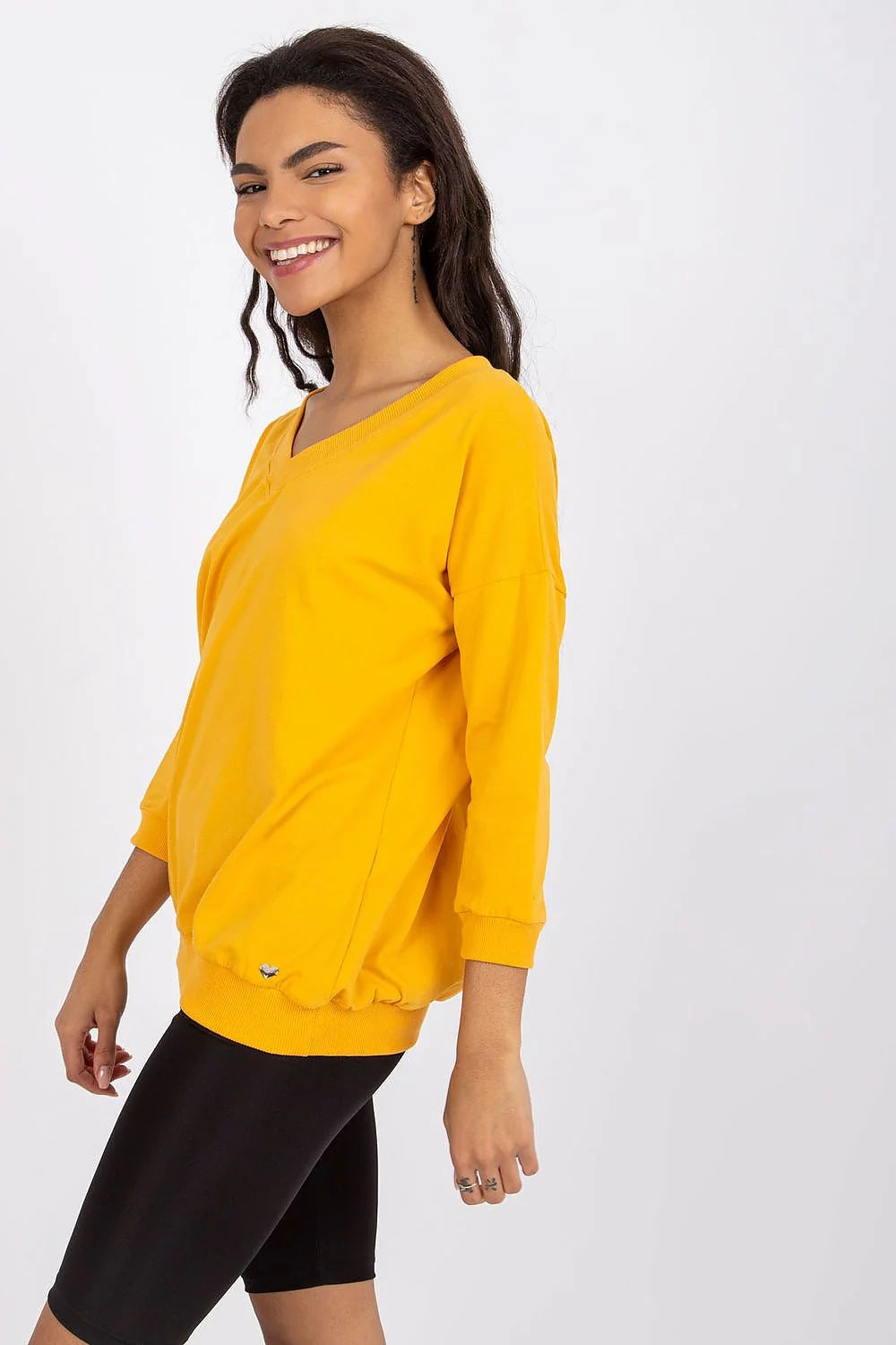 Chemisier femme style moderne manches longues col V coton elastane jaune vif taille ajustableemode été