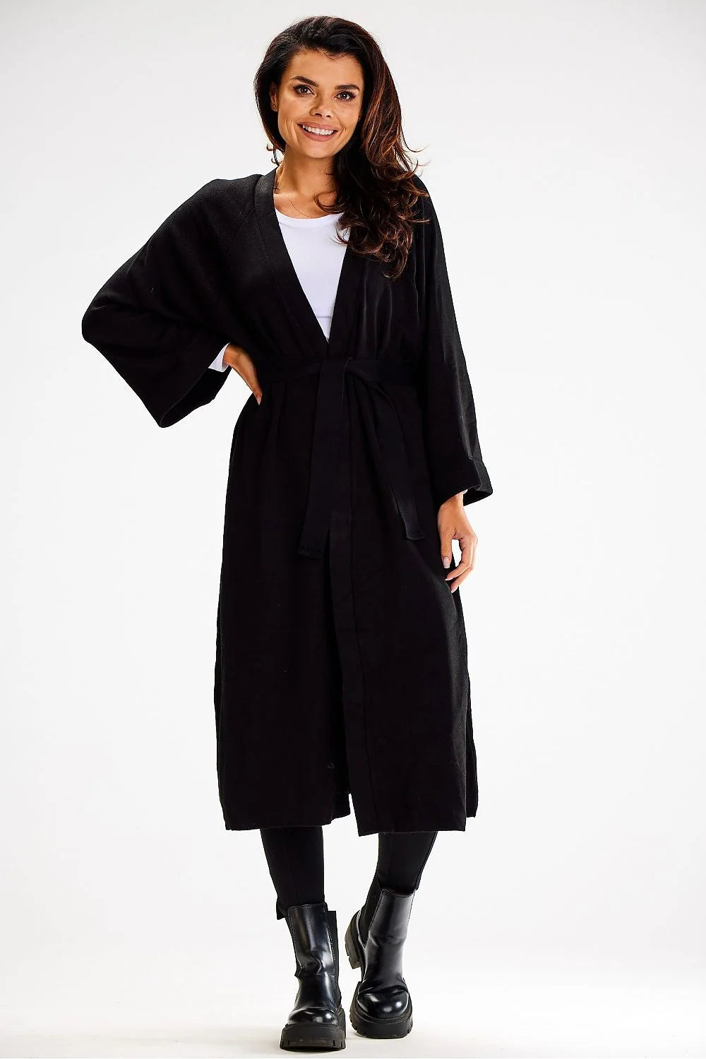 Cardigan long style kimono manches larges ceinture nouée matière douce nylon pbt viscose taille universelle femme