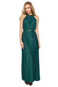 Robe de soirée élégante vert émeraude décolleté dos nu tissu brocart ceinture en chaîne dorée femme mariage gala