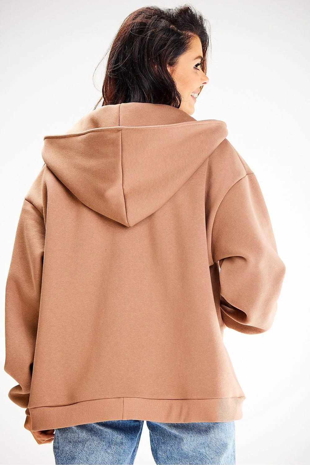 sweatshirt femme ample zippé capuche poches kangourou coton élasthanne oversize molleton doux camel taupe manches tombantes zip métallique