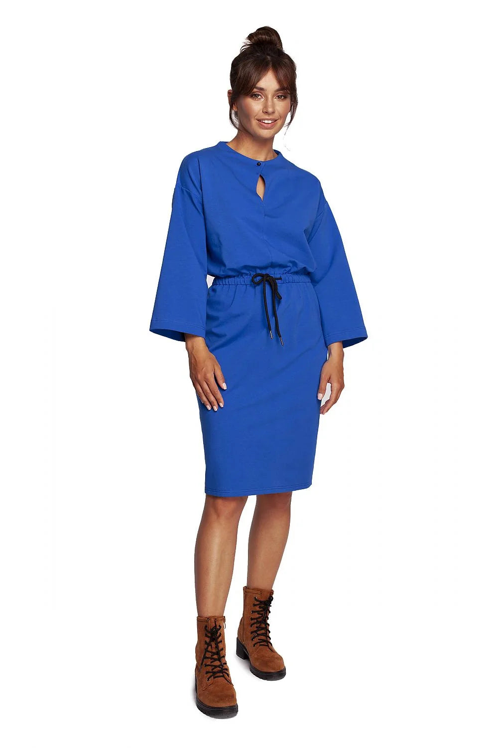 Robe de jour Be Wear élégante en maille douce coupe droite encolure goutte d'eau manches 3/4 taille ajustable coton élasthanne femmes