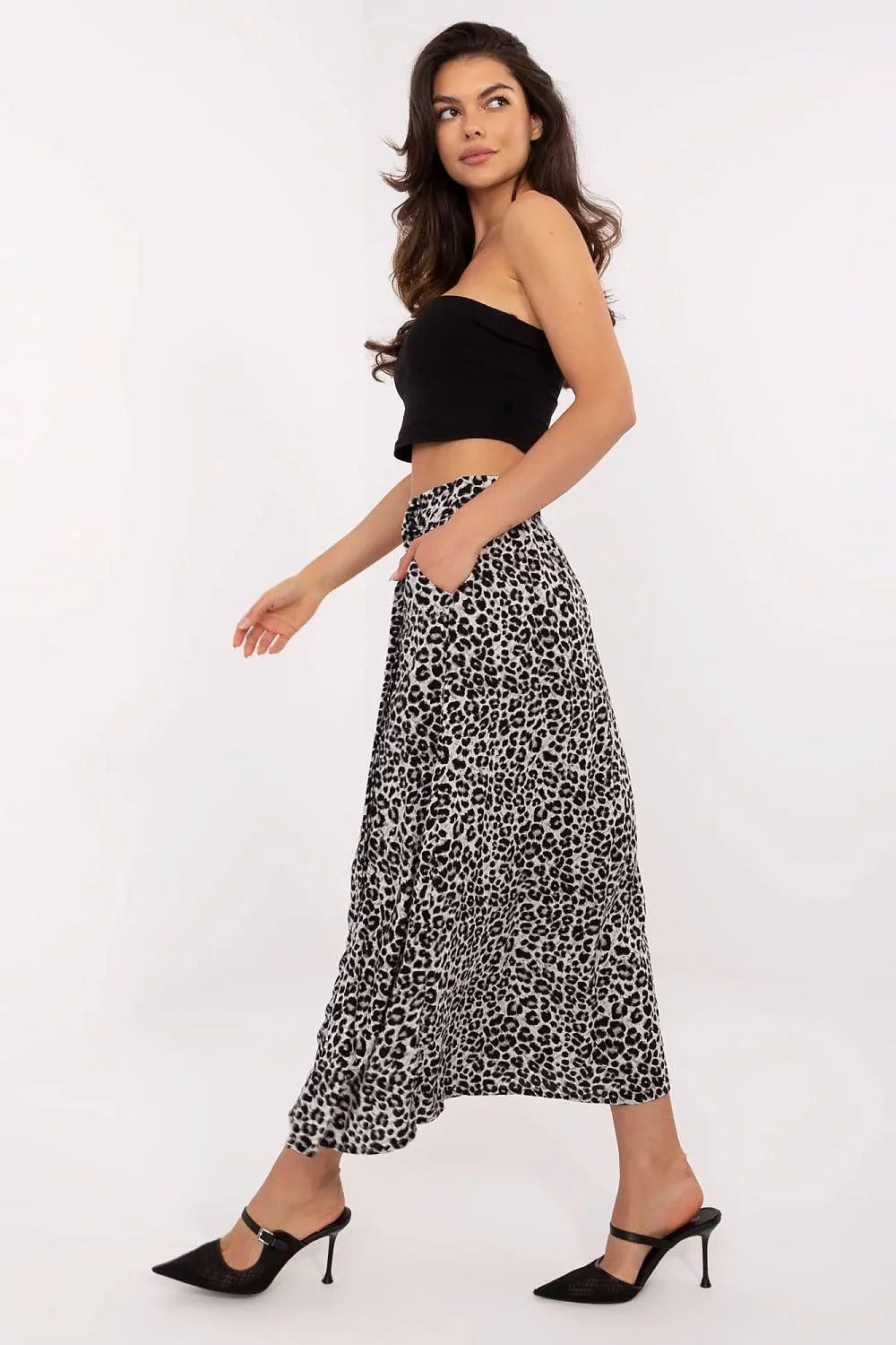 Jupe imprimée animal moderne en polyester et élasthanne, tailleur haute, fente frontale, poches latérales, Femme, Mode élégante