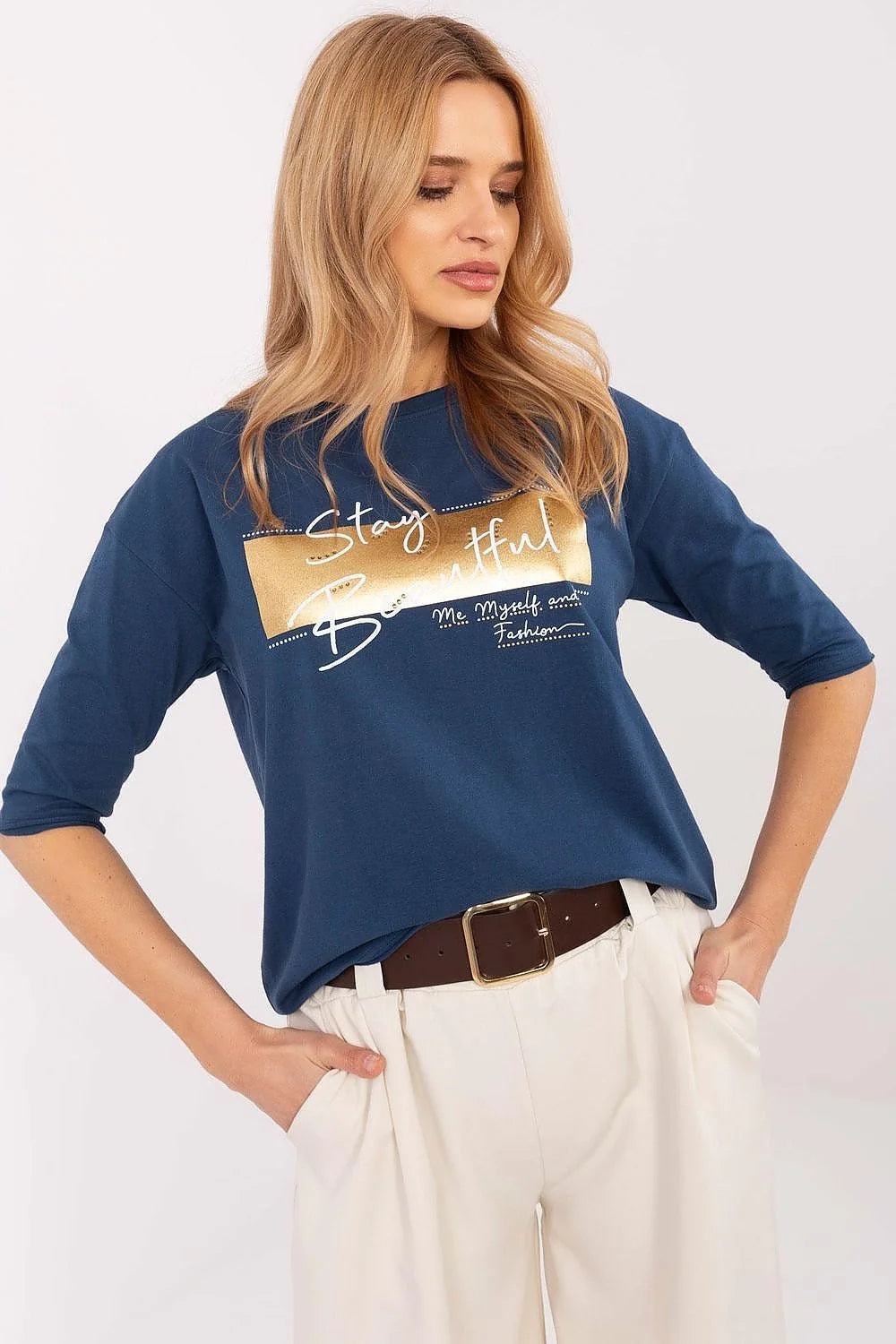 chemisier femme décontracté coupe ample manches troisquarts bleu marine profond motif doré inscription Stay Beautiful jersey coton respirant