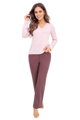 pyjama femme deuxpieces mancheslongues encolureV dentelle poignetsdentelés pantalondroit brunchocolat rosepâle tailleélastiquée jerseydoux extensible couperelax confortoptimal silhouetteélégante féminine
