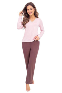 pyjama femme deuxpieces mancheslongues encolureV dentelle poignetsdentelés pantalondroit brunchocolat rosepâle tailleélastiquée jerseydoux extensible couperelax confortoptimal silhouetteélégante féminine