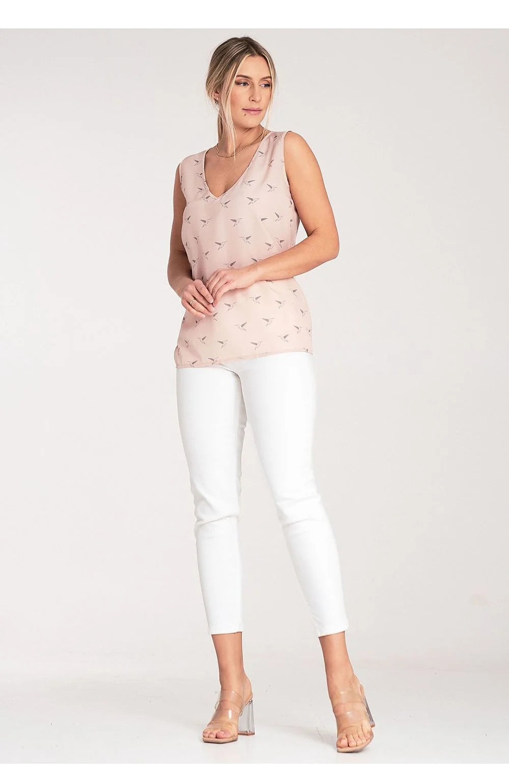 Figl chemisier féminin élégant moderne sans manches encolure V rose pâle motif oiseaux polyester léger fluide doux coupe droite polyvalent