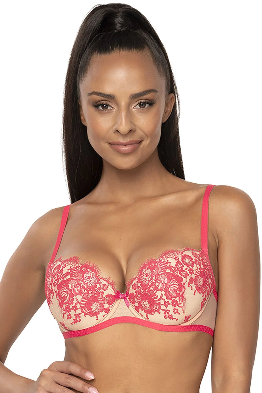 Soutien-gorge push-up balconnet dentelle tulle nude rose vif bretelles réglables noeud central coton élasthanne polyamide polyester femmes