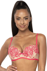Soutien-gorge push-up balconnet dentelle tulle nude rose vif bretelles réglables noeud central coton élasthanne polyamide polyester femmes
