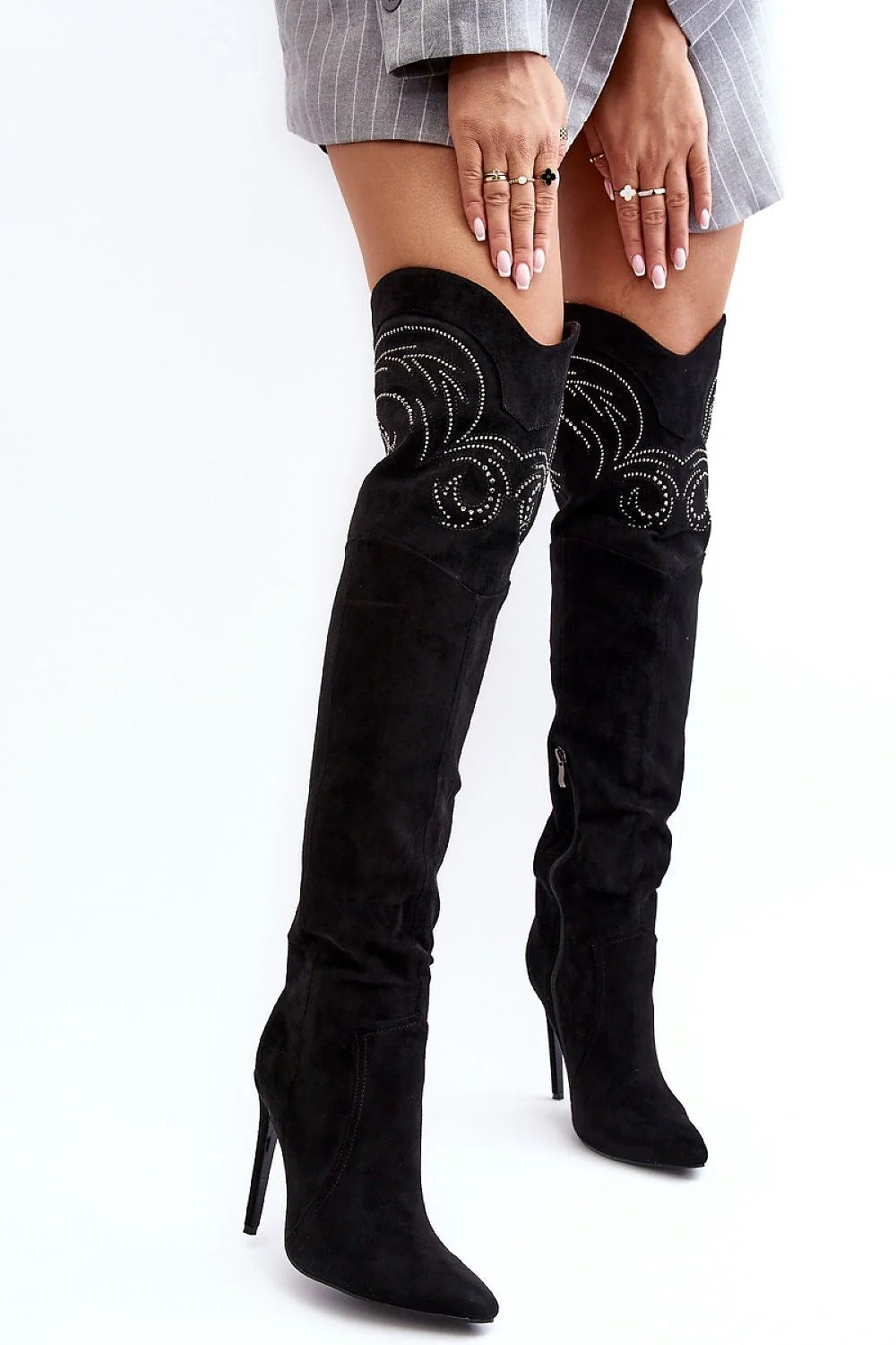 Bottes à talons aiguilles hautes cuissardes style audacieux élégant éco-suède noire fermeture éclair strass femme