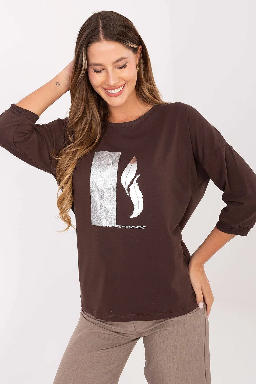 chemisier femme décontracté imprimé métallisé argenté plaque plumes blanches coton doux élasthanne stretch manches trois quart col rond