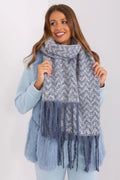 Écharpe mode femme longue motif géométrique bleu clair gris franges doublure chaude hiver automne