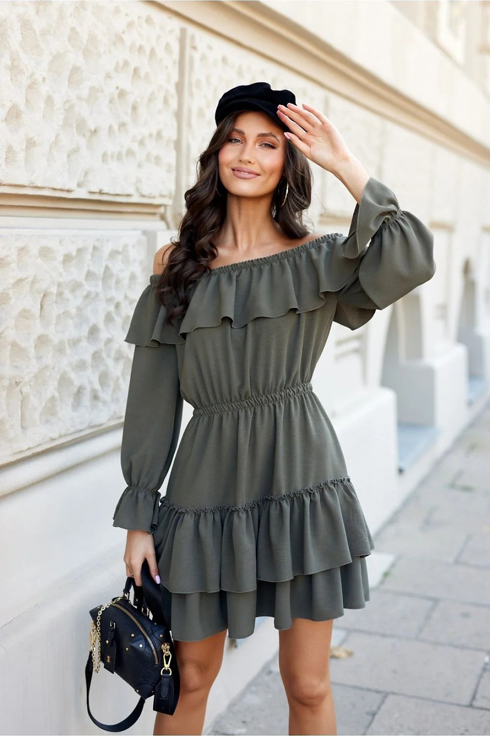 Robe de jour élégante style off-shoulder ruffles vert olive manches longues taille ajustable femme
