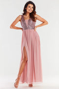 robe longue élégante sans manches dos ouvert pailleté rose poudré décolleté plongeant taille empire jupe fluide mousseline fente