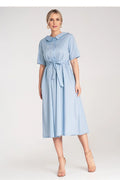 Robe de jour élégante midi manches courtes col rond ceinture assortie coton 100% robe A-line pastel femme