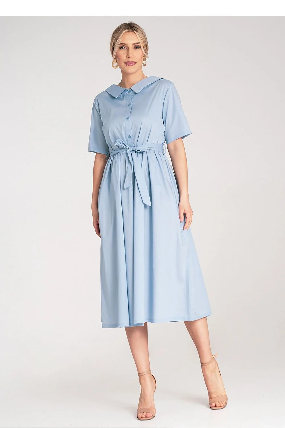 Robe de jour élégante midi manches courtes col rond ceinture assortie coton 100% robe A-line pastel femme