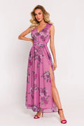robe longue élégante jour sans manches décolleté V taille cintrée ceinture intégrée soie mousseline légère fluide mauve floral
