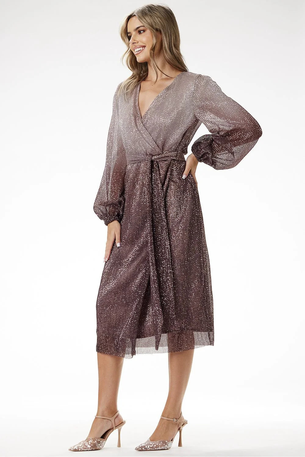 Robe de soirée élégante longueur midi manches longues tissu métallique effet ombré dégradé couleur unique
