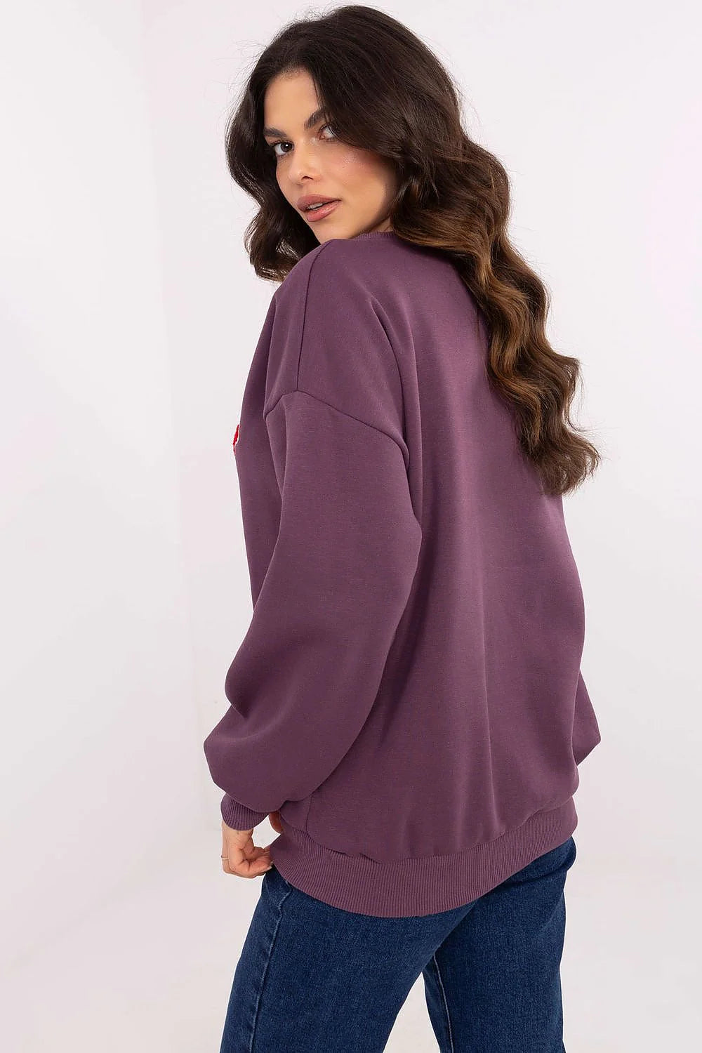Sweatshirt femme BOSTON universitaire moderne prune manches longues encolure ras-du-cou côtelée graphic print
