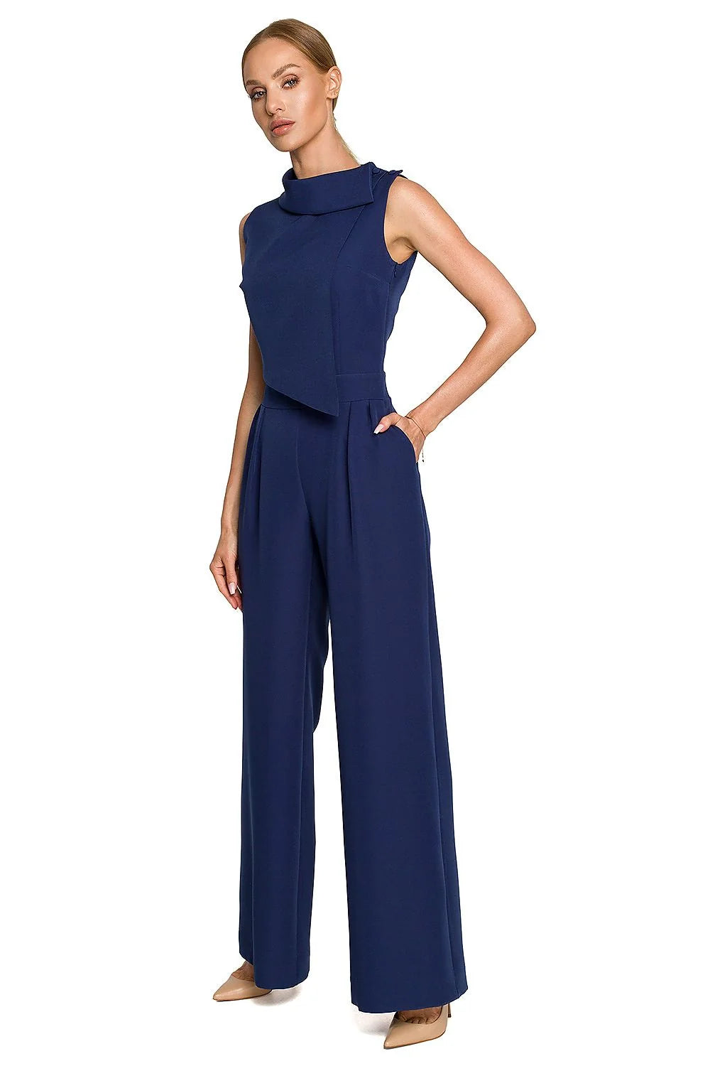 Combinaison Moe sans manches col montant asymétrique jambes larges polyester elasthanne rose pâle occasion formelle