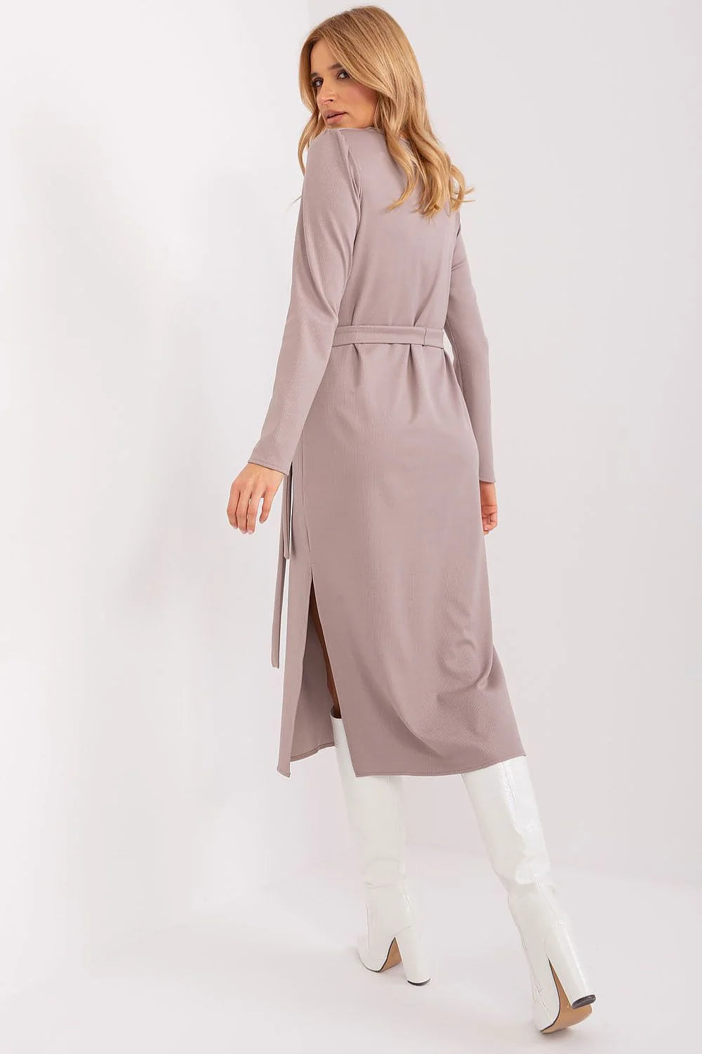 Robe de jour Lakerta élégante taupe manches longues encolure ronde ceinture nouable polyester elasthanne femmes