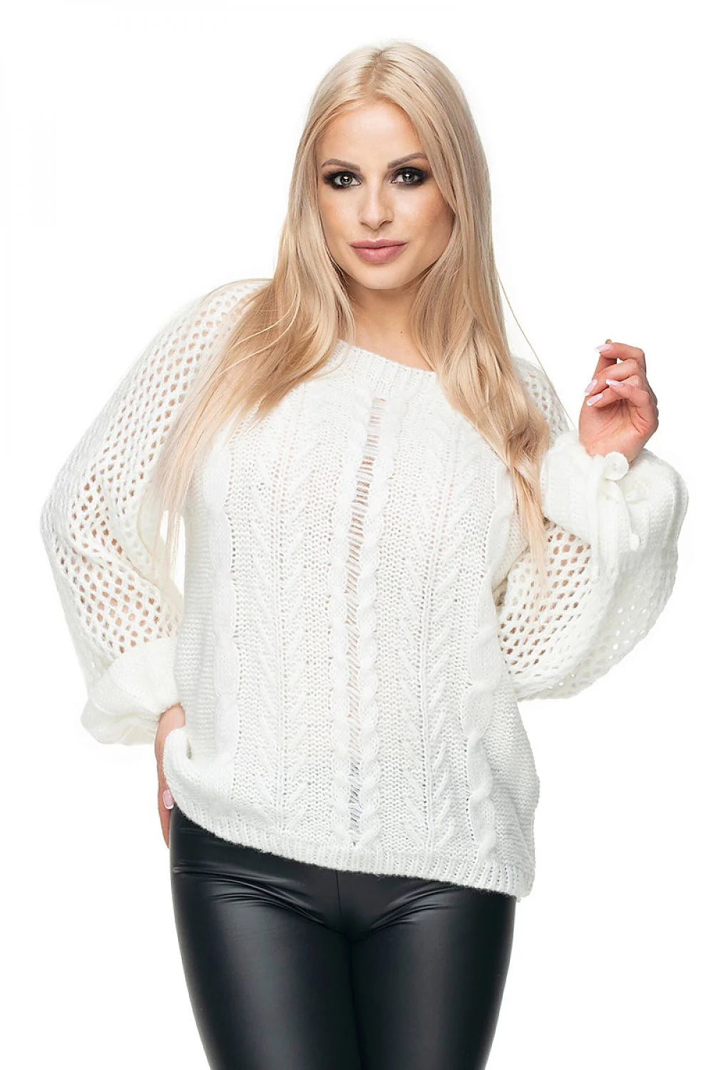 Pull femme en maille épaisse Chandail Pee Ka Boo manches longues motifs tressés style casual-chic couleur blanche