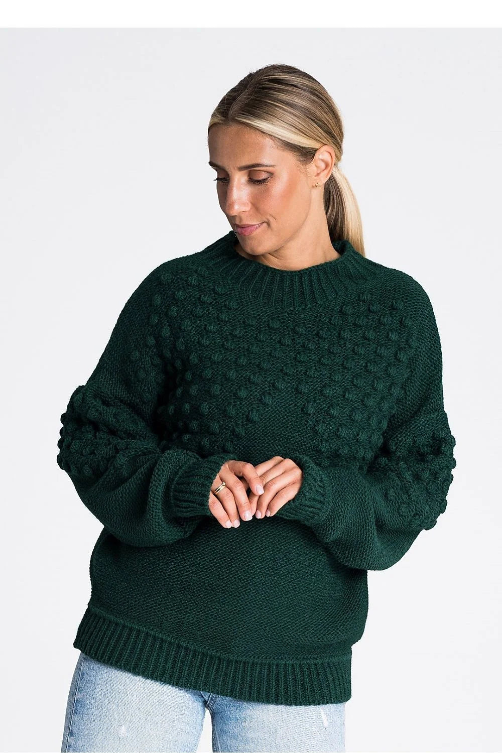 pull femme Figl tricot structuré maille épaisse vert sapin oversize col cheminée côtelé noppes manches ballon poche latérale cocooning chaud