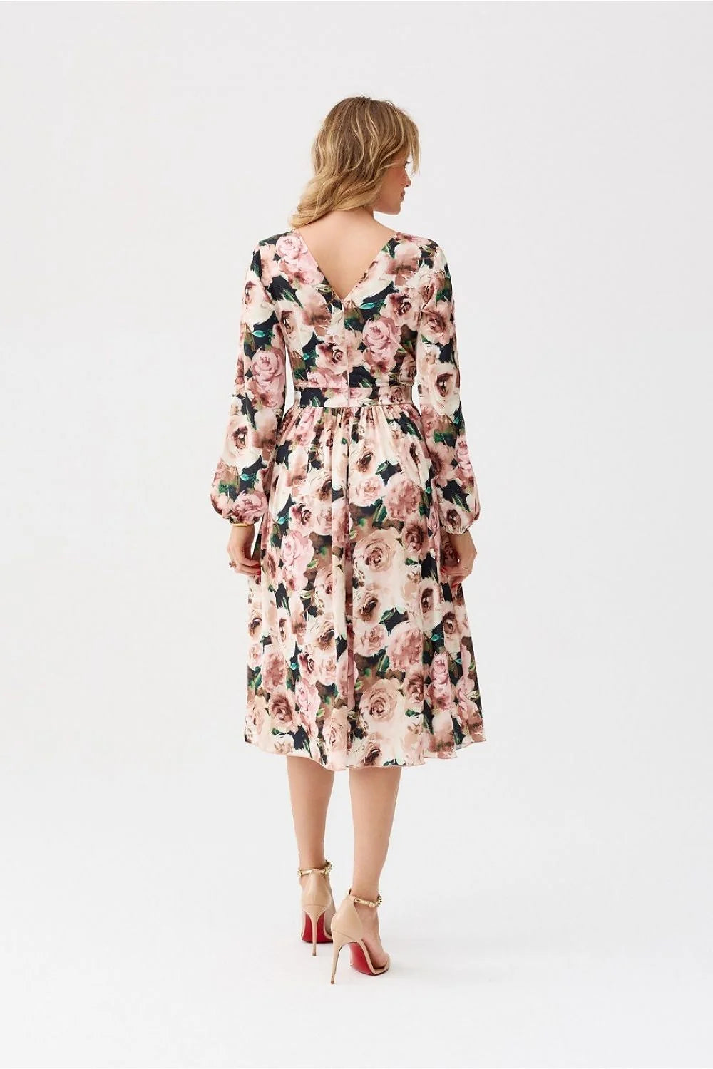 Robe de cocktail élégante imprimé floral manches longues encolure V ceinture tissu fluide pastel occasion semi-formelle femme