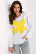 Chemisier décontracté Italy Moda en coton élasthanne imprimé fleurs jaune sur blanc manches longues col rond femme