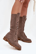 bottines femme cuir suédé naturel taupe montantes mi mollet laçage intégral ajustable fermeture éclair semelle crantée marron antidérapante talon bas