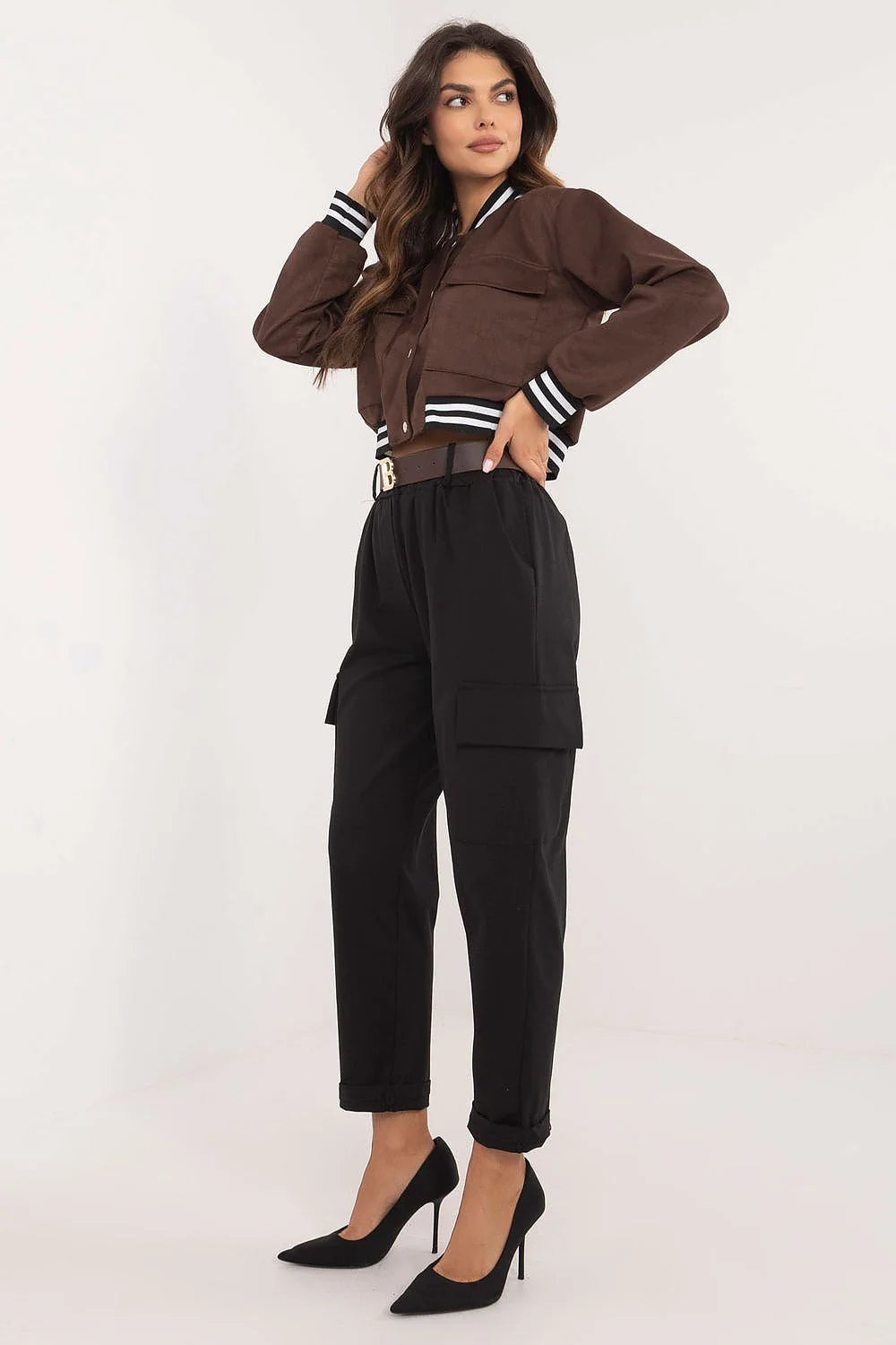Pantalon cargo femme高 taille taille haute jambes fuselées noir coton polyamide élasthanne confortable travail quotidien