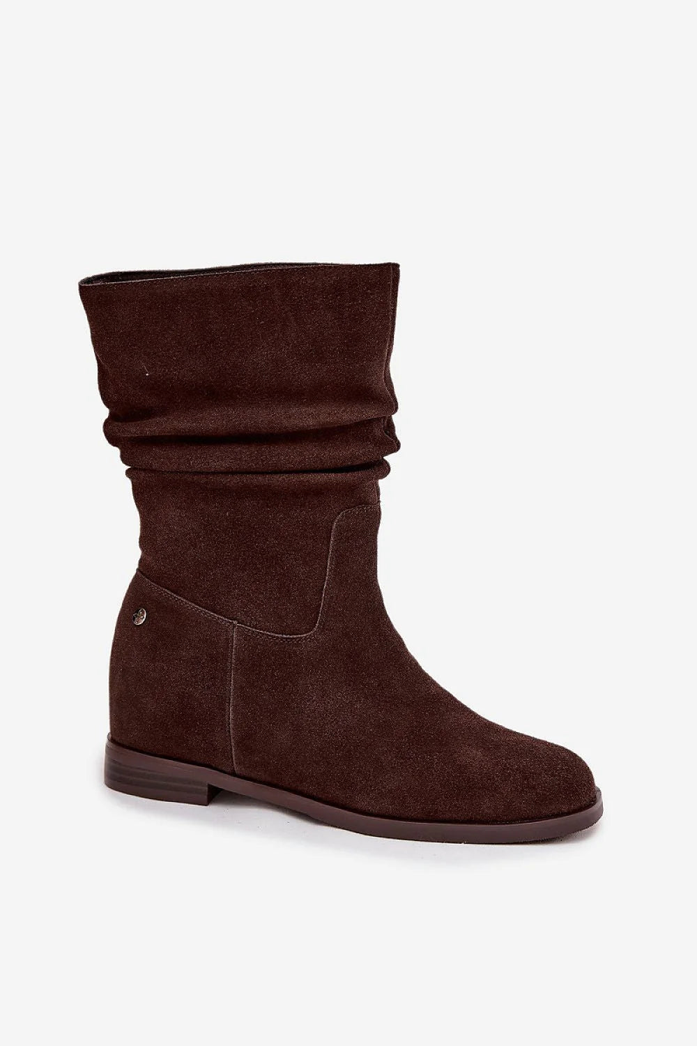 bottines femme mi mollet daim marron chocolat talon plat bas bout rond tige froncée doublure chaude confortable casual chic polyvalente