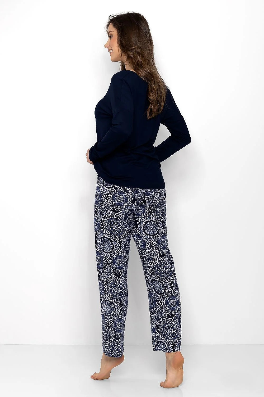 Pyjama élégant pour femme en coton doux bleu marine à motif paisley, style décontracté, coupe ample, pantalon élastique