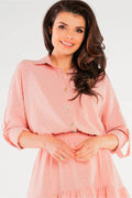 Ensemble chemise et jupe awama élégant en polyester et élasthanne rose pâle motifs pois brodés manches longues revers col femme