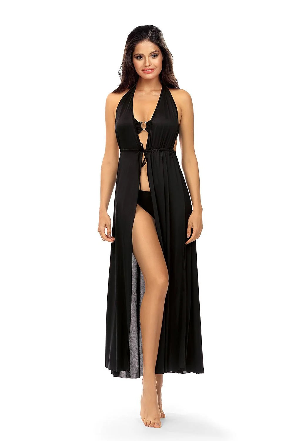 robe plage longue noire dos nu col plongeant polyester fluide satiné ajustée évasée fentes latérales anneau décoratif lien nouer halter