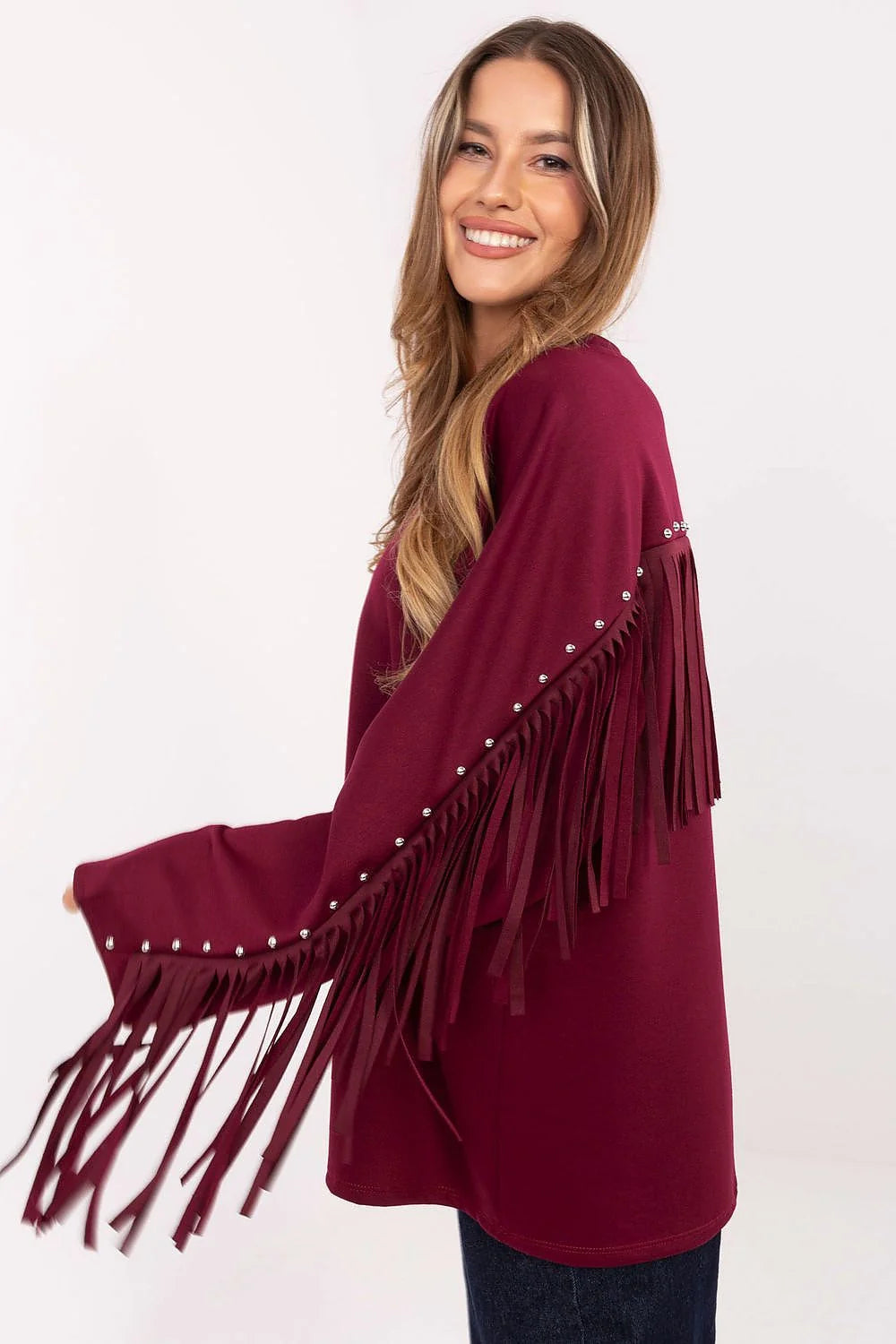 sweatshirt femme bordeaux foncé ample hanches col rond viscose polyester maille douce manches longues franges suédine rivets argentés