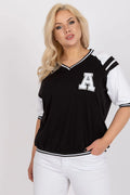 chemisier femme universitaire sportif décontracté manchescourtes lettreAappliquée coton élasthanne stretch coupeample colVrayé bandesnoires ourletélastiqué respirant confortable