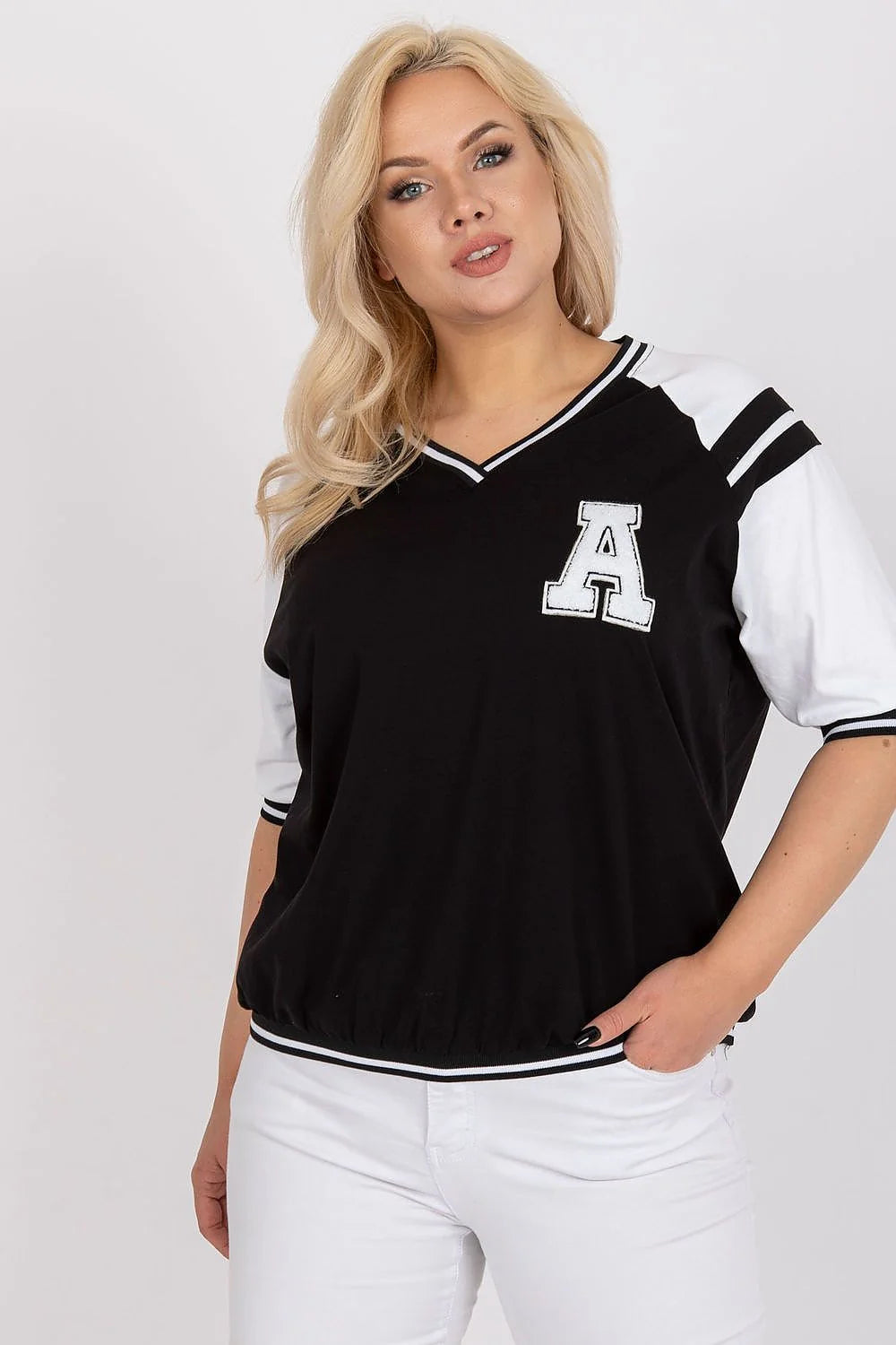 chemisier femme universitaire sportif décontracté manchescourtes lettreAappliquée coton élasthanne stretch coupeample colVrayé bandesnoires ourletélastiqué respirant confortable
