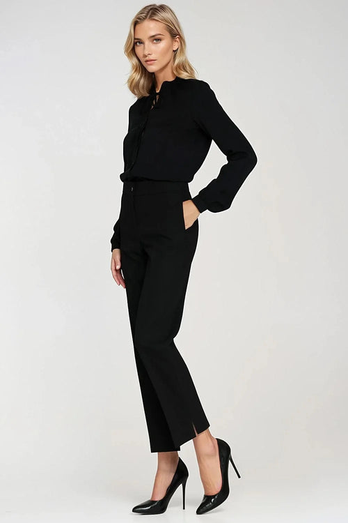 blouse femme noire élégante manches longues col lavallière nouée fente V patte boutonnage viscose légère fluide poignets froncés