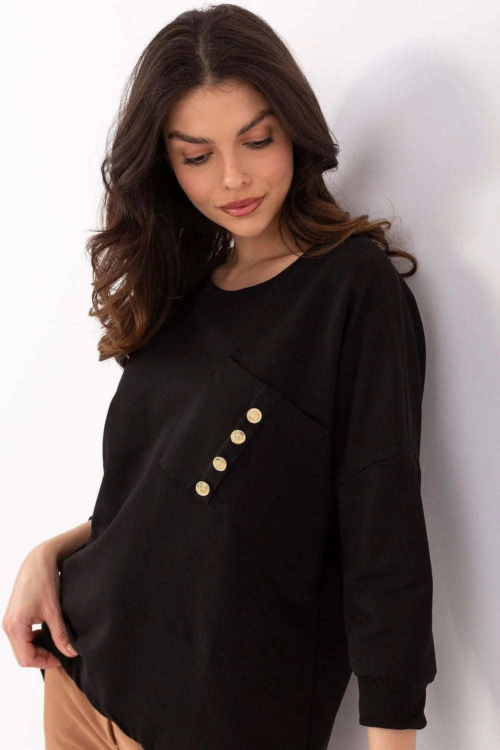 chemisier épuré femme coton élasthanne manches trois quarts poche plaquée boutons dorés taille ajustable coupe ample moderne col rond