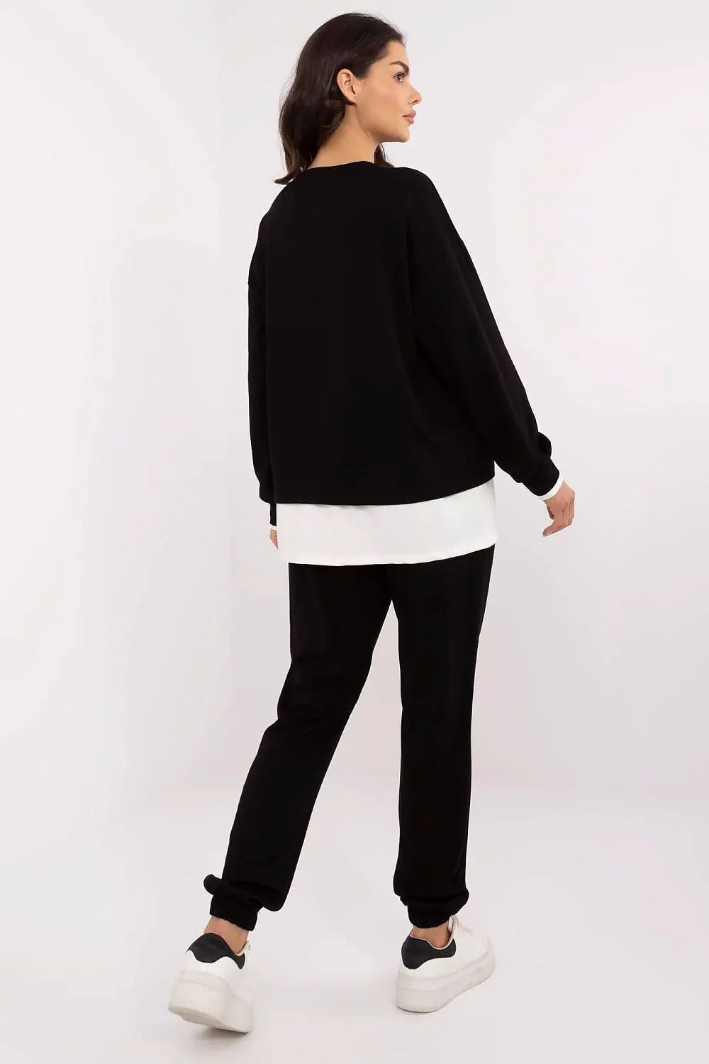 Ensemble Relevance pour femme décontracté moderne couleur noire et blanche matériau doux élastique manches longues taille haute pantalon jogger