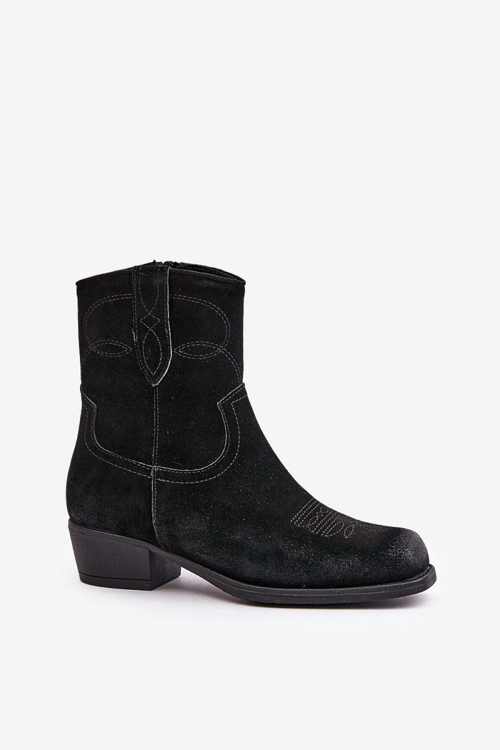 Bottes pour femmes style cow-boy en suédé noir talon bas bout carré zipper isolation