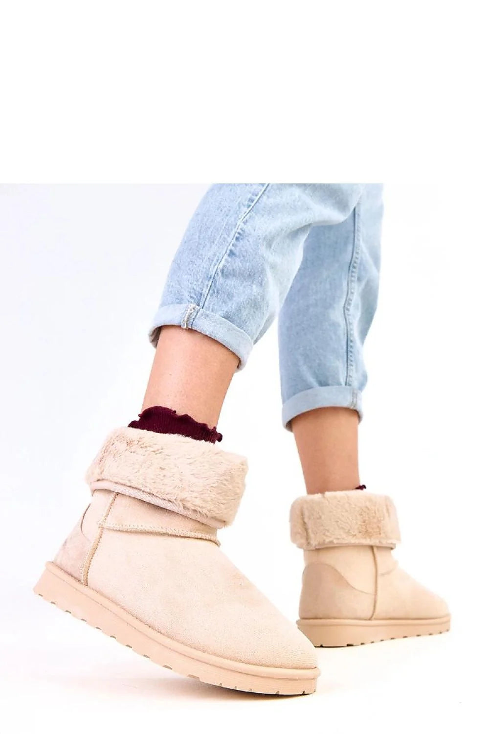 bottes neige femme Solea suédine beige rosé cheville bout rond col retourné fausse fourrure crème doublure chaude semelle crantée caoutchouc