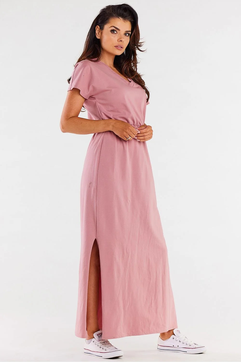 Robe longue Infinite You style décontracté manches courtes décolleté en V tissu coton lycra taille élastiquée fente latérale femme