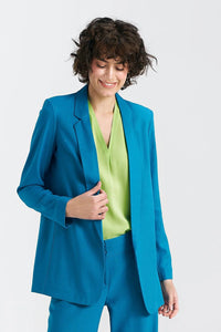 Veste pour femme classique structurée bleu vibrant deux pièces pantalon tailleur haut vert clair matière haute qualité occasion professionnelle