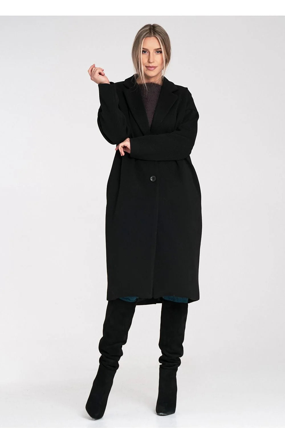 manteau long noir oversize femme coupe droite mi longue col tailleur manches tombantes fermeture deux boutons tissu épais