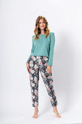 Pyjama femme vert menthe motif floral coton confortable coupe droite manches longues pantalon ample
