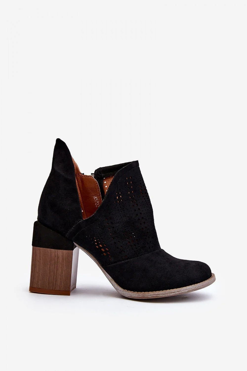 Bottes à talons_step_in_style femmes design élégant moderne matériau éco-suède perforé talon large robuste semelle contrastée zip latéral coupe ajustée cheville style urbain chique