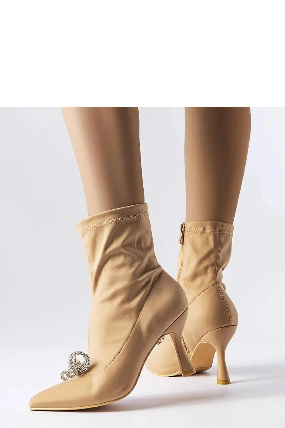 Bottines élégantes à talons beiges collection Mars fermeture éclair nœud strass tissu satiné mode automne-hiver femme