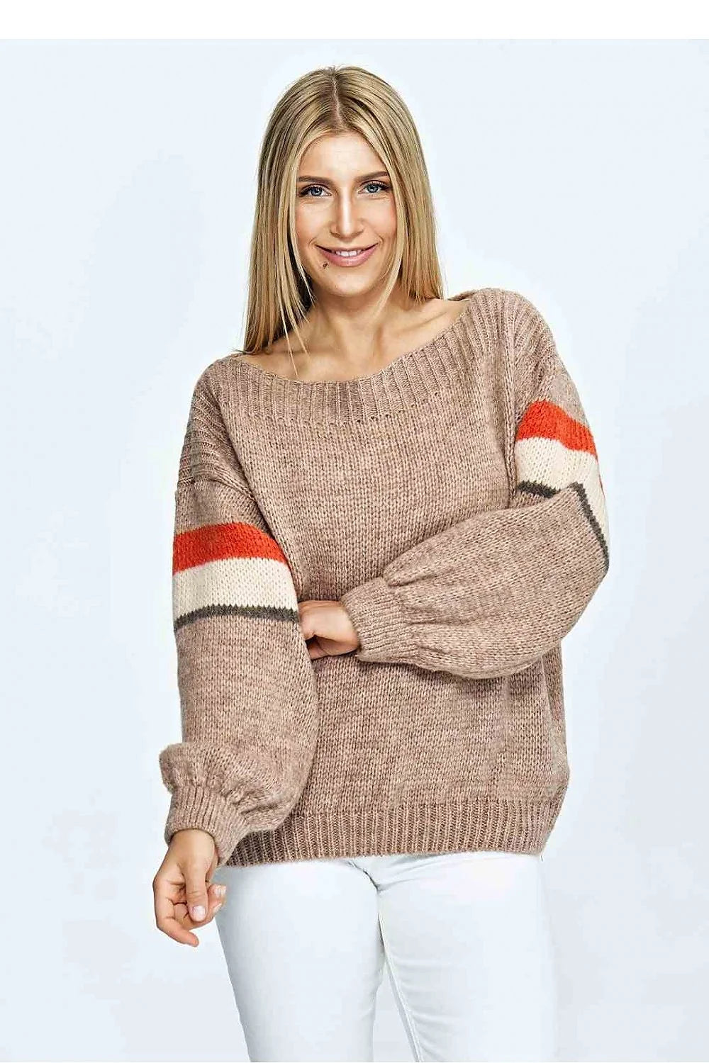 Chandail féminin ample en laine acrylique rayures colorées encolure bateau manches volumineuses coupe oversized pour femme