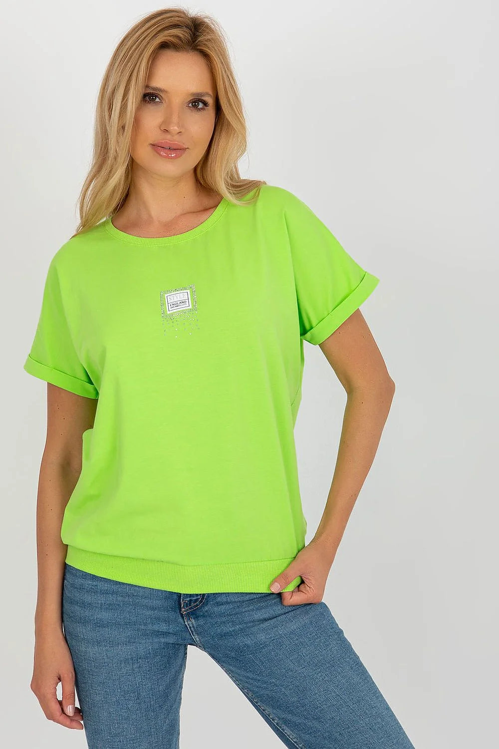T-shirt femme chemisier Relevance manches courtes encolure ronde motif décoratif coton élasthanne respirant confortable